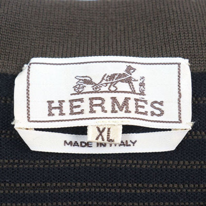 Hermes 100% Wool V-neck Bicolor Shoulder Border Pattern Knit Sweater Khaki