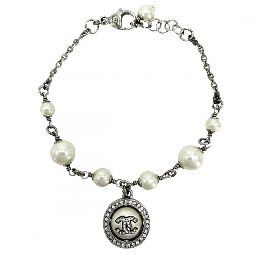 Chanel Bracelet CC Logo Adjustable Star with Faux Pearl Line Stone Silver White