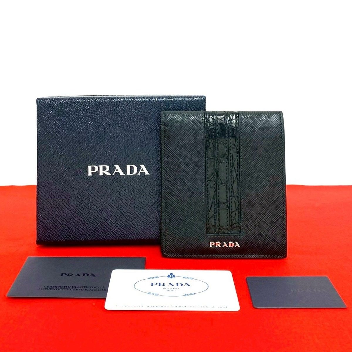 Prada Logo Saffiano Croco Embossed Leather Bifold Wallet Black