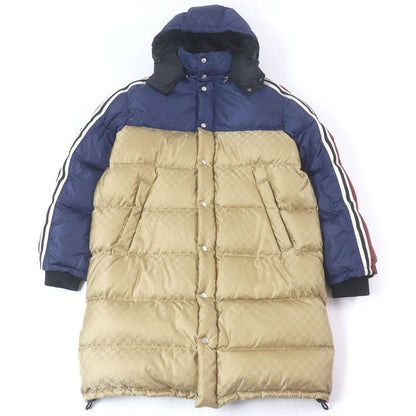 Gucci 590744 GG Logo Sideline Hooded Down Coat Bench Coat Bordeaux Blue Gold 50