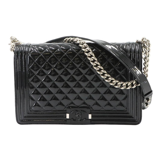 Chanel Boy Chain Shoulder Bag Patent Leather Black Silver