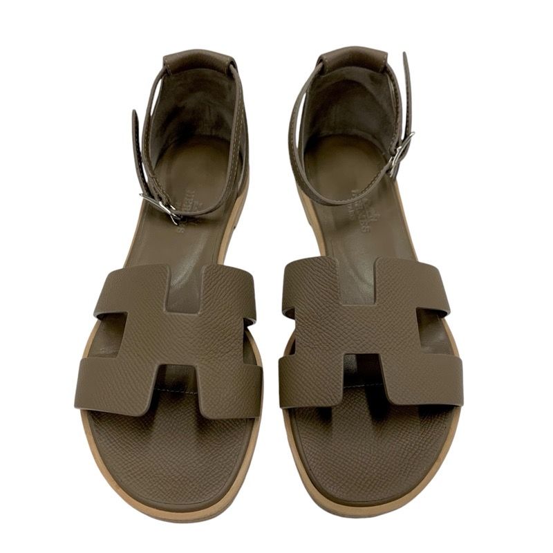 Hermes Santorini Sandals Shoes Leather Brown Flat Sandals Etoupe
