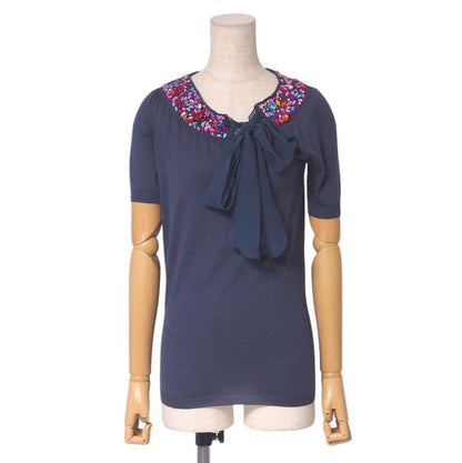 Christian DIOR Knit Size 38 Short Sleeve Knit Sweater Silk Chiffon Ribbon Bow