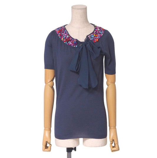 Christian DIOR Knit Size 38 Short Sleeve Knit Sweater Silk Chiffon Ribbon Bow