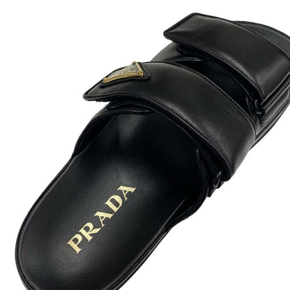 Prada Sandals Shoes Leather Black Unused Slide Sandals Triangle Logo