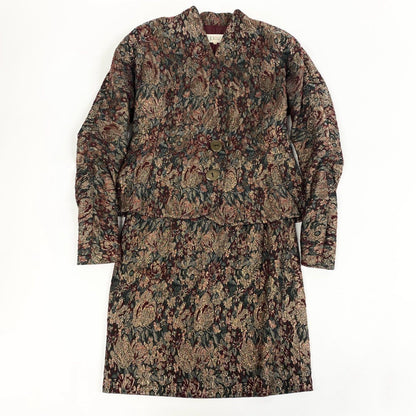 Dior Vintage Tapestry Pattern Jacket & Skirt Set Brocade Suit Floral M Red Gold — view 2