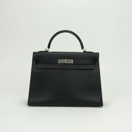 Hermes Kelly 32 Tote Shoulder Bag Ardennes Noir Black Silver Sellier 2-Way