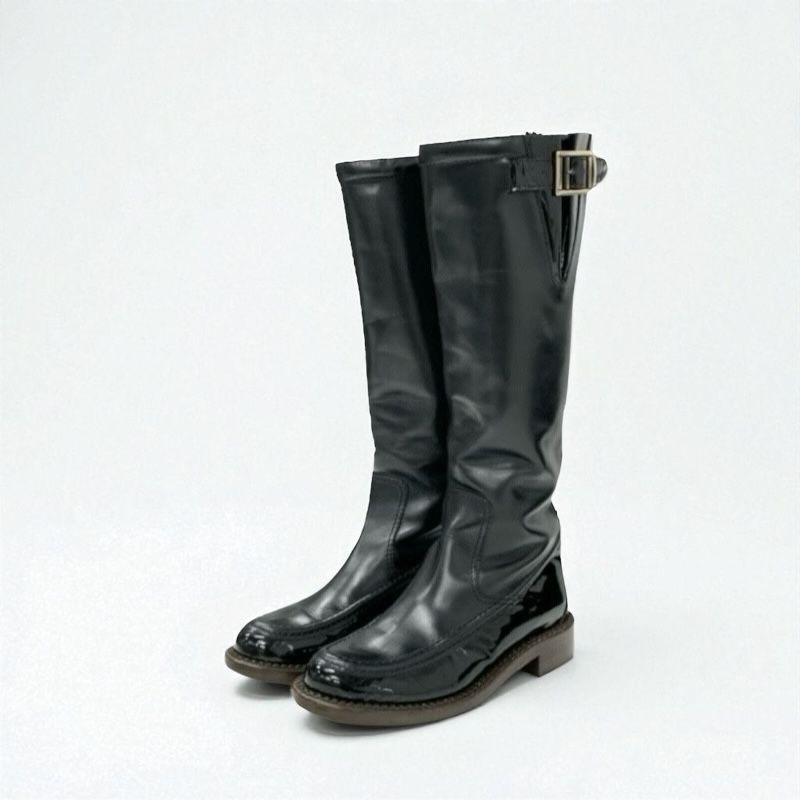 Chanel Boots Long Boots Shoes Leather Patent Black Gold Logo