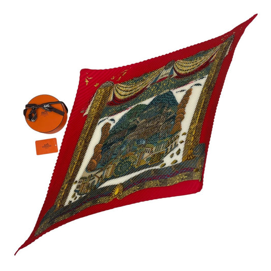 Hermes Scarf Pleated Silk L Atlantide Atlantis Continent Red