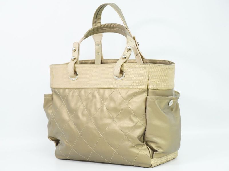 Authentic Chanel Coco Mark Paris Biarritz GM Tote Handbag Coated Canvas Gold