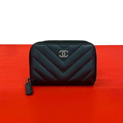 Chanel With CC Logo Chew Blanc Caviar Leather Coin Purse Black