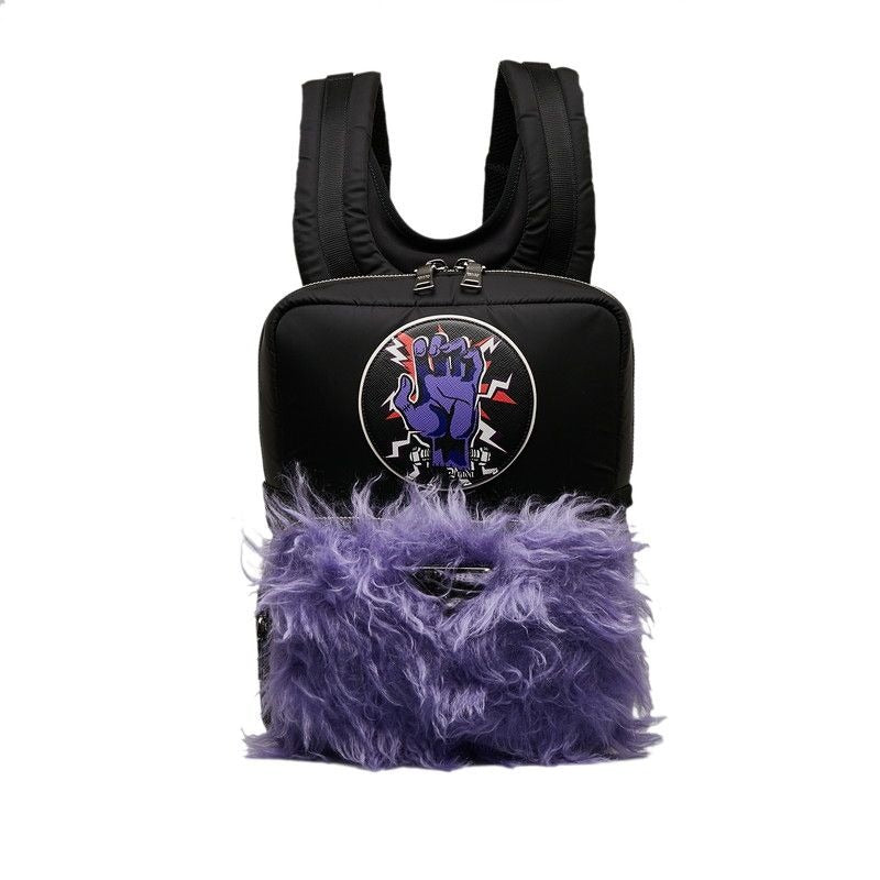 Prada Frankenstein Backpack Black Purple Nylon Fur