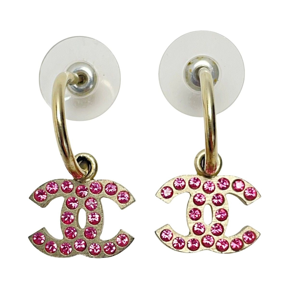 Chanel Coco Mark Gold Pink Earrings Rhinestone GP Accessories