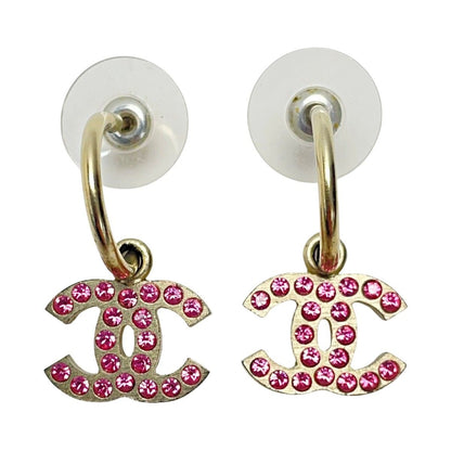 Chanel Coco Mark Gold Pink Earrings Rhinestone GP Accessories