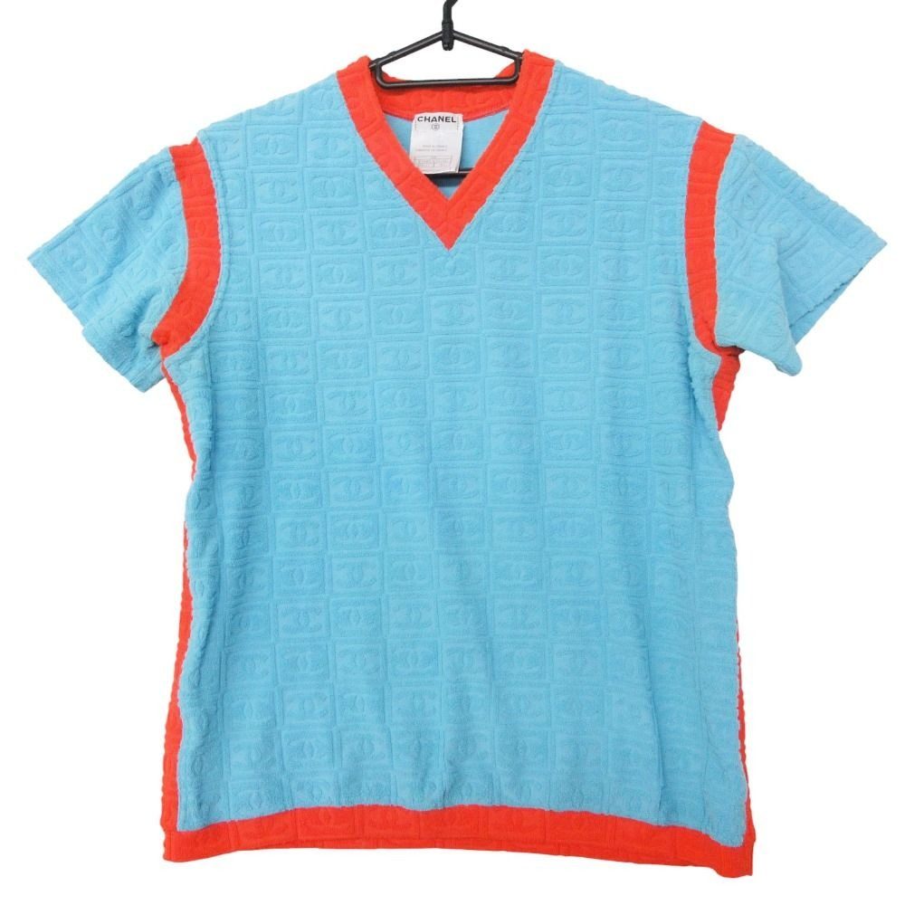 Chanel Short Sleeve T-Shirt Sports Line CC Logo Pile Neck Short Top Light Blue