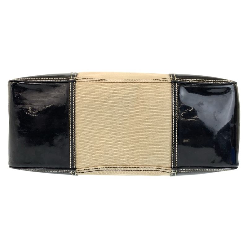 Prada Triangle Logo Plate Beige Black Silver Hardware Canvas/enamel Tote Bag