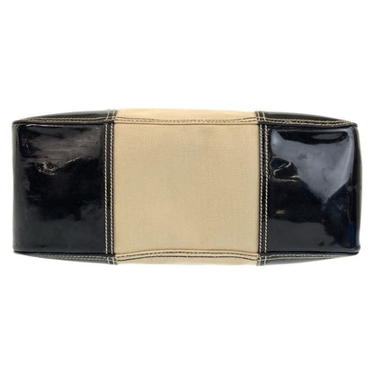 Prada Triangle Logo Plate Beige Black Silver Hardware Canvas/enamel Tote Bag