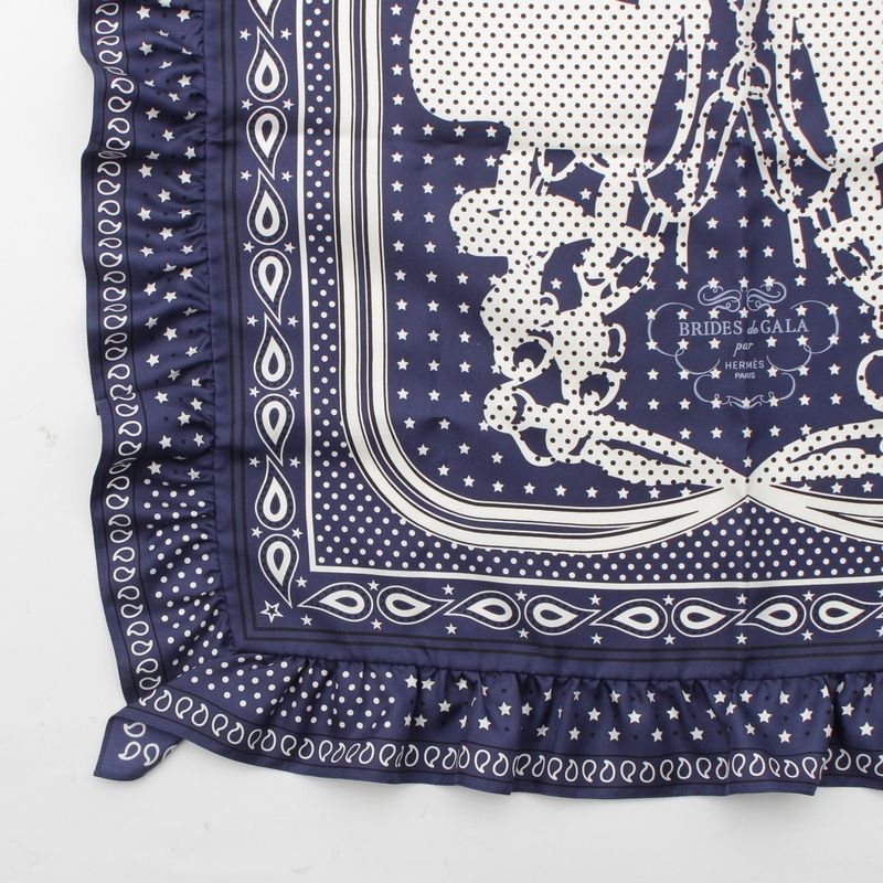Hermes Carre 65 Brides De GALA Ceremonial Horse Maitre D'oeil Ruffled Scarf Navy