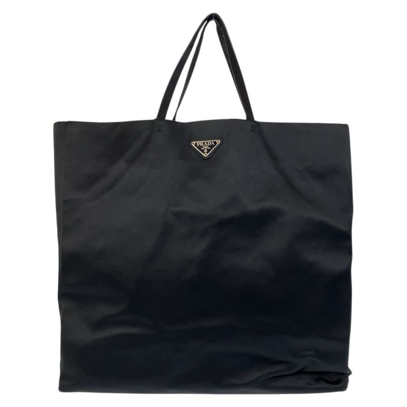 Prada Triangle Logo Plate Black Silver Hardware Satin Tote Bag Women 505390