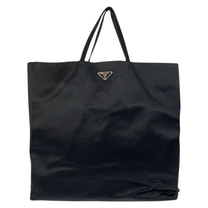 Prada Triangle Logo Plate Black Silver Hardware Satin Tote Bag Women 505390