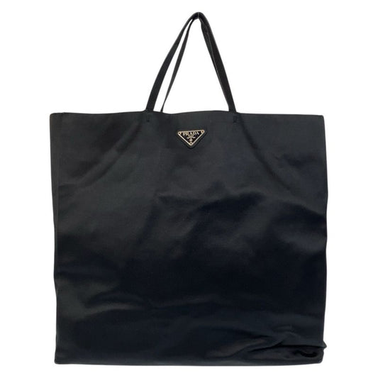 Prada Triangle Logo Plate Black Silver Hardware Satin Tote Bag Women 505390