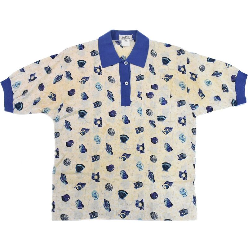 Authentic Hermes Shell Pattern Polo Shirt Short Sleeve Tops 40 Cotton Beige