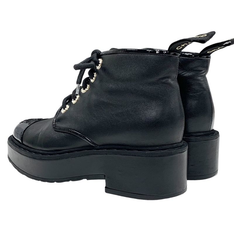 Chanel Boots Short Boots Shoes Here Mark Lace Up Pearl Leather Patent Black