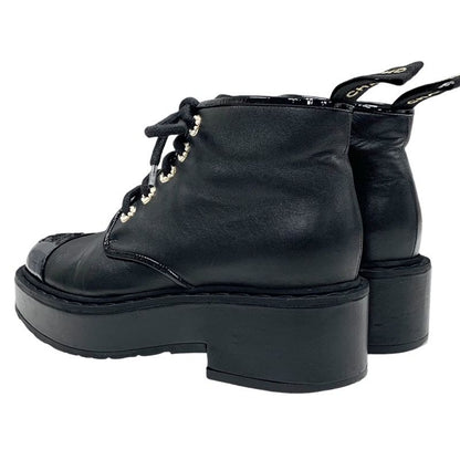 Chanel Boots Short Boots Shoes Here Mark Lace Up Pearl Leather Patent Black