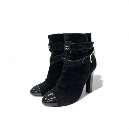Chanel Boots Short Shoes Suede Patent Black Coco Mark Belt