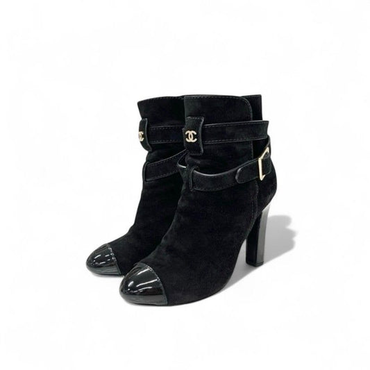 Chanel Boots Short Shoes Suede Patent Black Coco Mark Belt