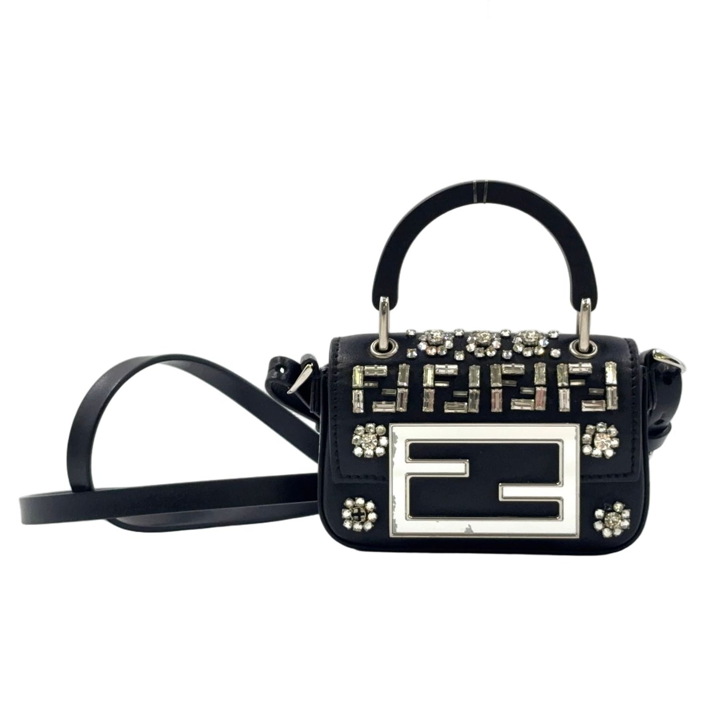 Fendi Nano Bucket Logo Charm Leather Silver Black Shoulder Bag