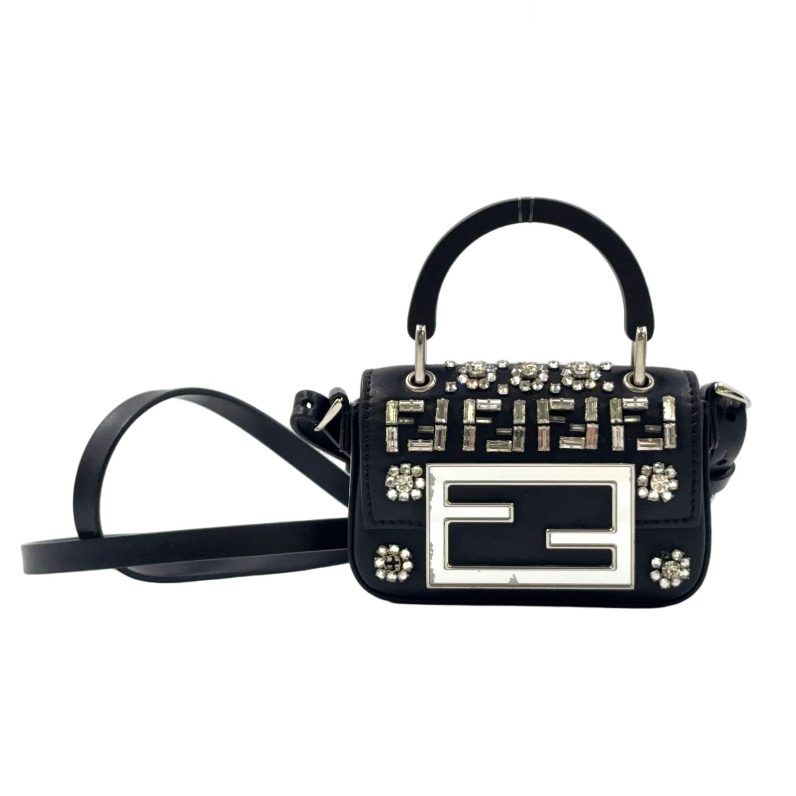 Fendi Nano Bucket Logo Charm Leather Silver Black Shoulder Bag