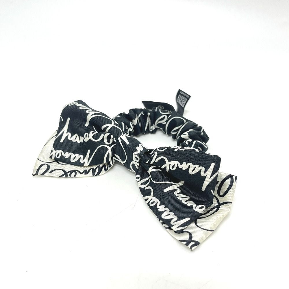 Chanel Scrunchie All Over Pattern Bicolor Ribbon Silk Black