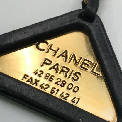 Chanel Logo Triangle Plate Leather Chain Key Ring Key Holder Gold Black