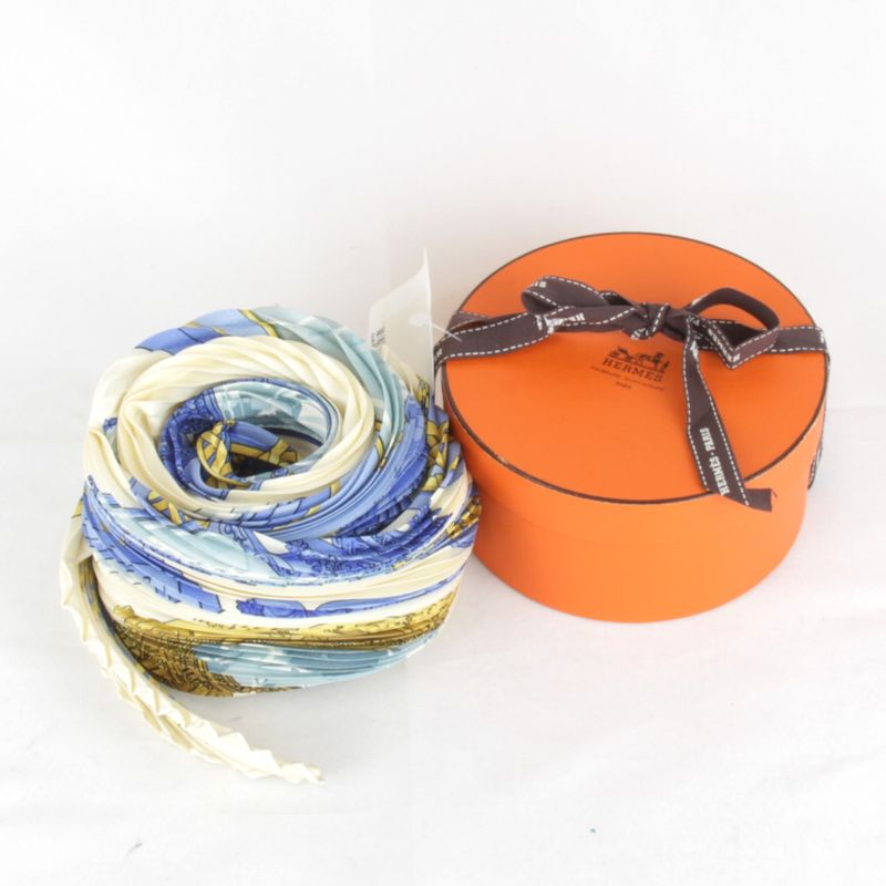 Hermes Pleated Carré Scarf With Box Multicolor 100% Silk High Brand Name