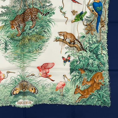 Hermes Scarf Carre 90 Equateur Equatorial Animals Birds All Over Silk Blue