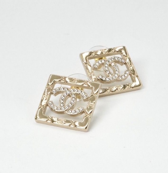 Chanel Earrings Earring Gold Coco Mark Square Matelasse Rhinestone