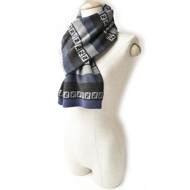 Fendi Scarf Winter Wool Blend FF Zucca Pattern Striped Blue Gray — view 2