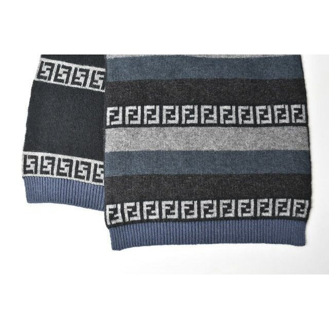 Fendi Scarf Winter Wool Blend FF Zucca Pattern Striped Blue Gray — view 3