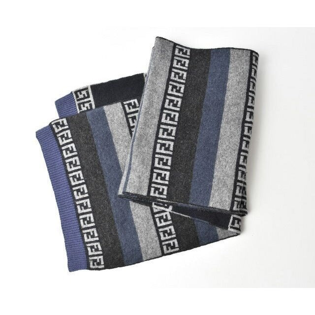 Fendi Scarf Winter Wool Blend FF Zucca Pattern Striped Blue Gray