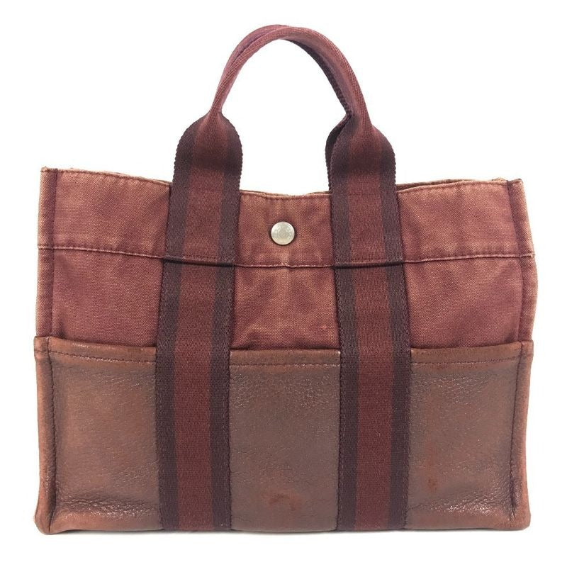 Hermes Handbag Fourre Tout PM Leather Canvas Wine Red