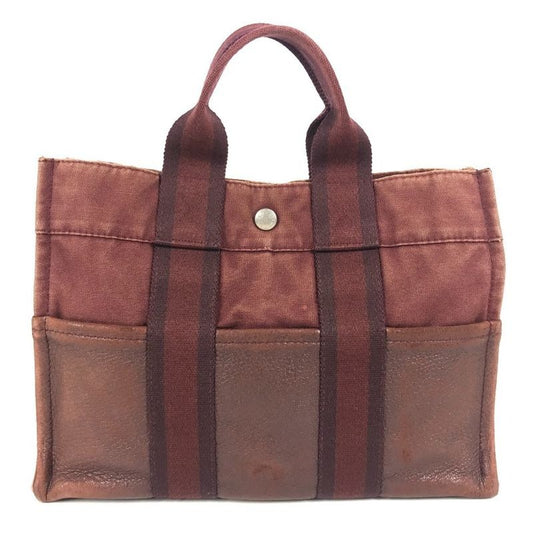 Hermes Handbag Fourre Tout PM Leather Canvas Wine Red