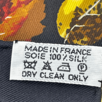 Hermes Scarf Silk Tourbillon Swirl Falling Leaves Leaf Pattern Black