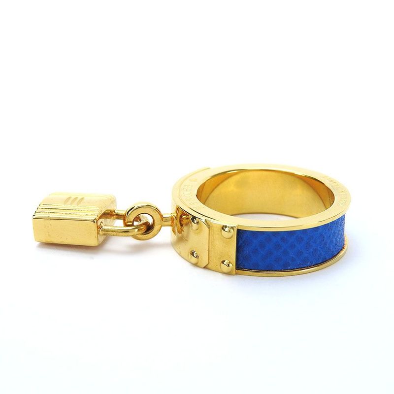Hermes Scarf Ring Kelly Cadenas Motif Plated GP Leather Gold Blue Accessory