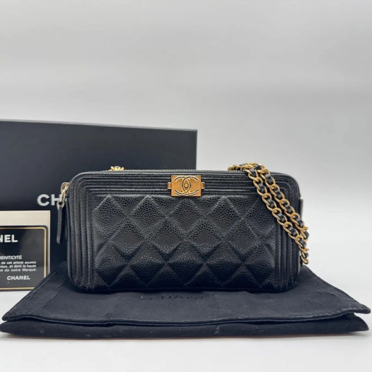Chanel Large Shoulder Bag Quilted CC Logo Gold Chain Black Leather