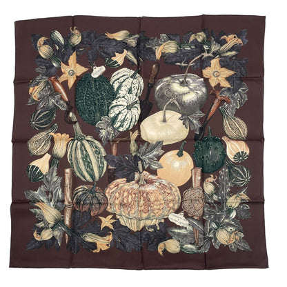 Hermes Scarf Silk Carre 90 Citrouilles ET Coloquintes Pumpkin and Colocint Brown