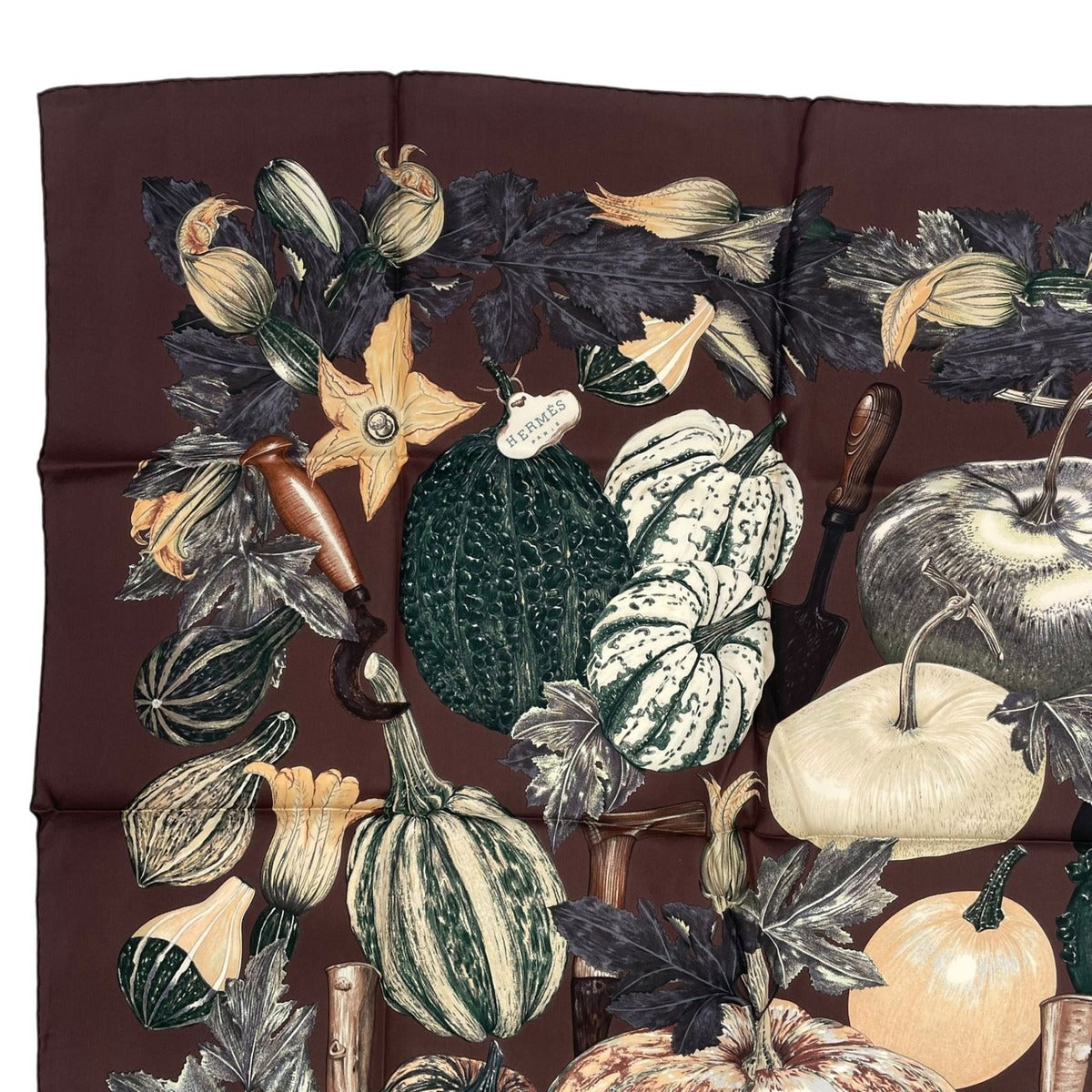 Hermes Scarf Silk Carre 90 Citrouilles ET Coloquintes Pumpkin and Colocint Brown — view 2
