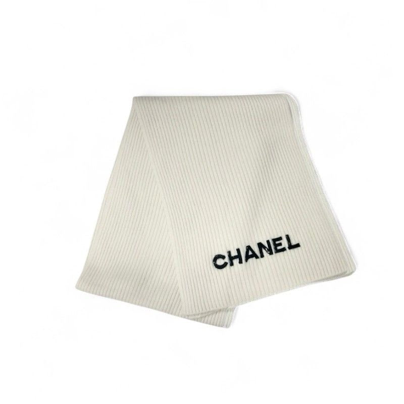 Chanel Muffler Cashmere White Logo Sequins Scarf