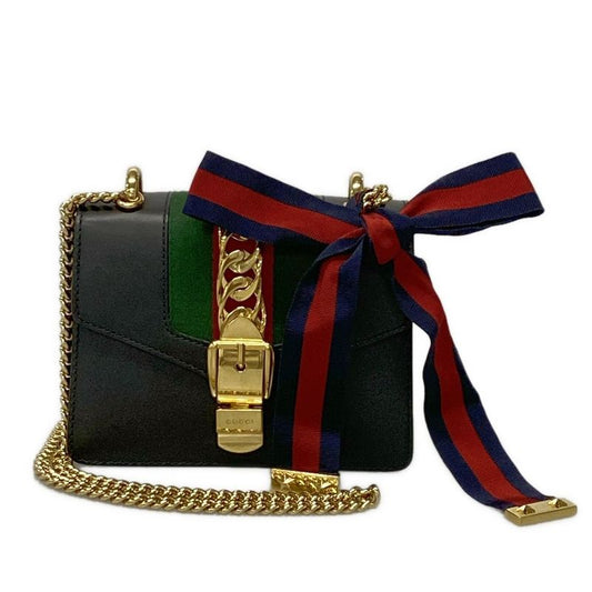 Gucci Shoulder Bag Sylvie Mini 431666 Black Green And Red Chain Shoulder Leather