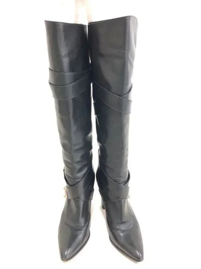 Louis Vuitton Leather Cross Belt Heel Long Boots Women's 34 1 2 El0503 Black